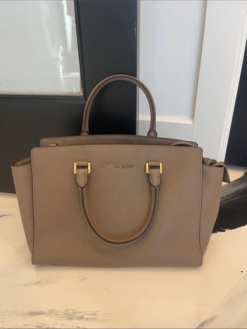 Michael Kors Taupe Saffiano Satchel with Gold Hardware
